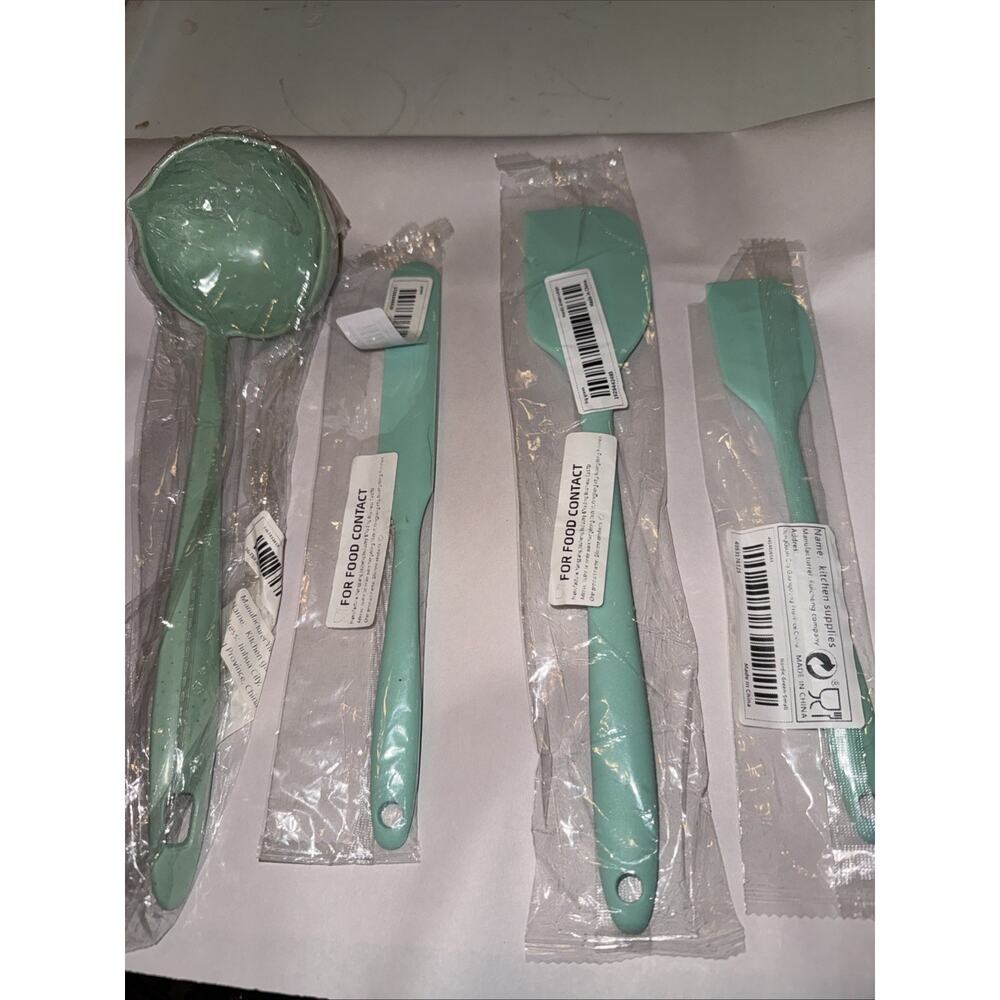 Set Of Three Mint Green Silicone Spatulas With FREE Bonus Plastic Ladle